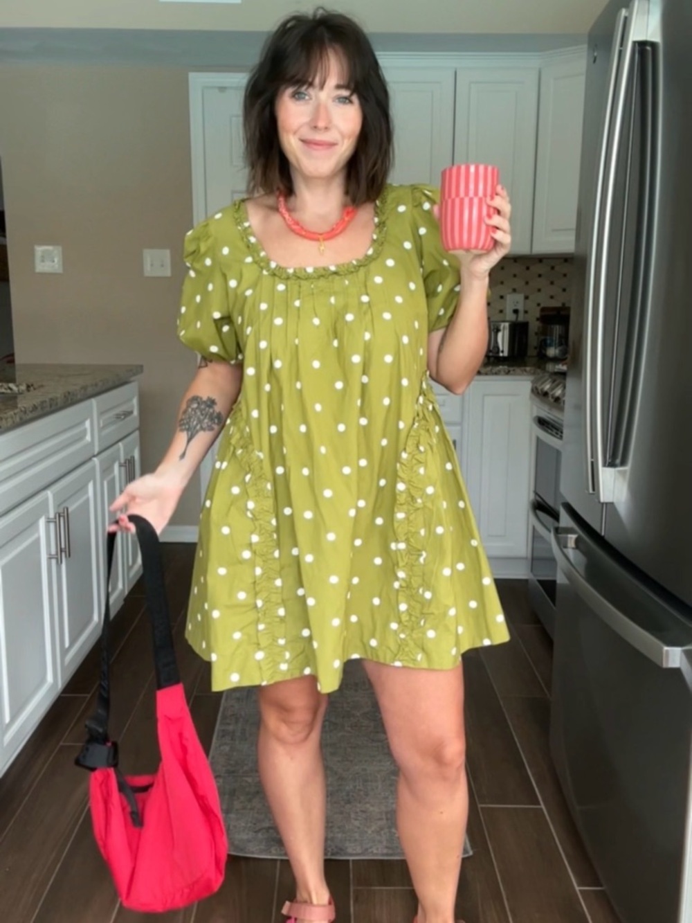 Polka Dot Ruffle Mini Dress - Olive Green - Picture 3 of 3